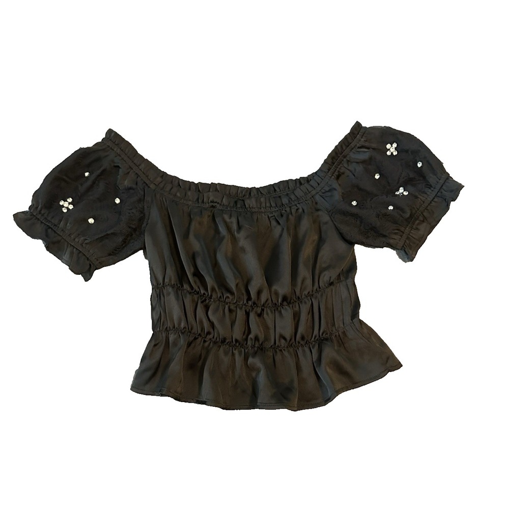 Y2K Peasant Romantic Black Womens Top S Lace Rhinestones Satin Milkmaid Fairy